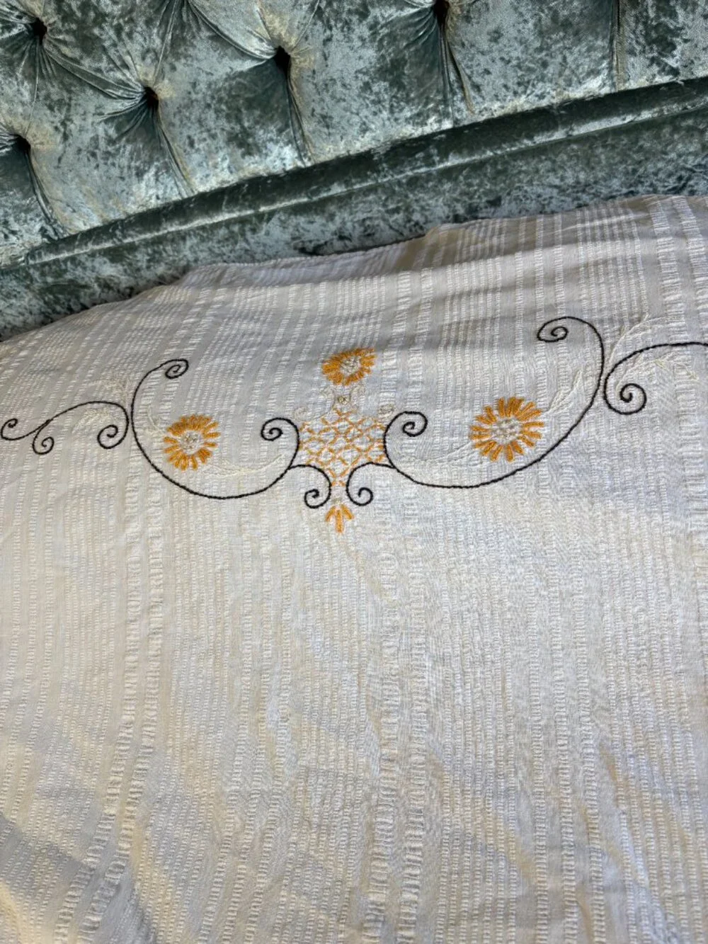 Vintage Embroidered Coverlet with Fringe. Basket of Flowers. Full Size